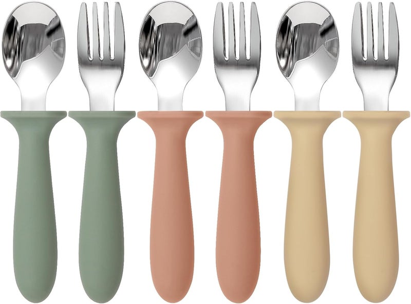 Eascrozn 6 Pack Toddler Utensils, kids Silverware with Silicone Handle, 18/8 Stainless Steel Children Safe Spoons and Forks Set Baby Feeding Essentials, Dishwasher Safe - Image 1